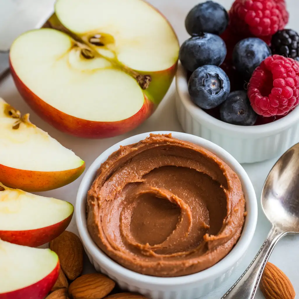 Apple slices with almond butter, a handful of almonds, or a small bowl of berries