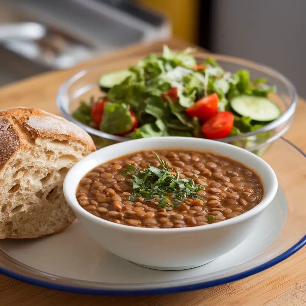 Lentil soup with a whole-wheat roll and a side salad