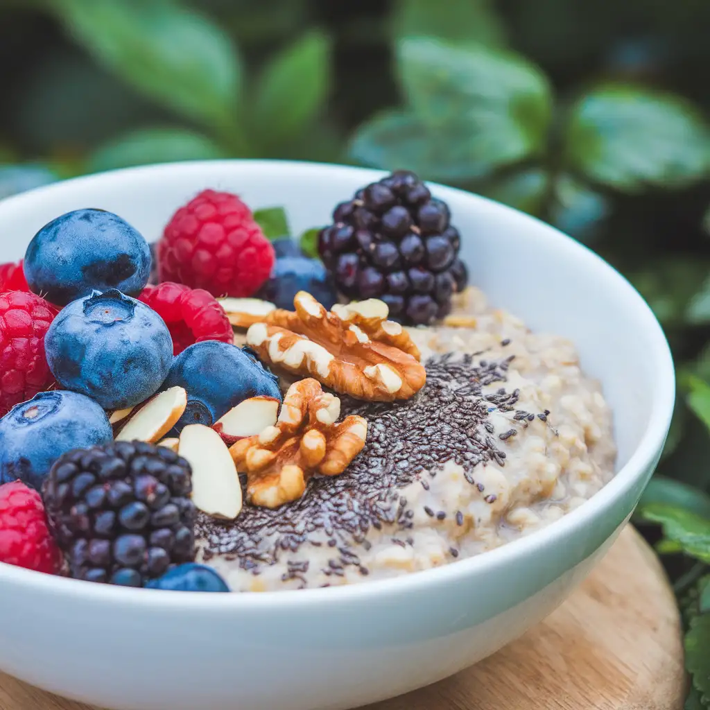 Oatmeal with berries, nuts, and a sprinkle of chia seeds