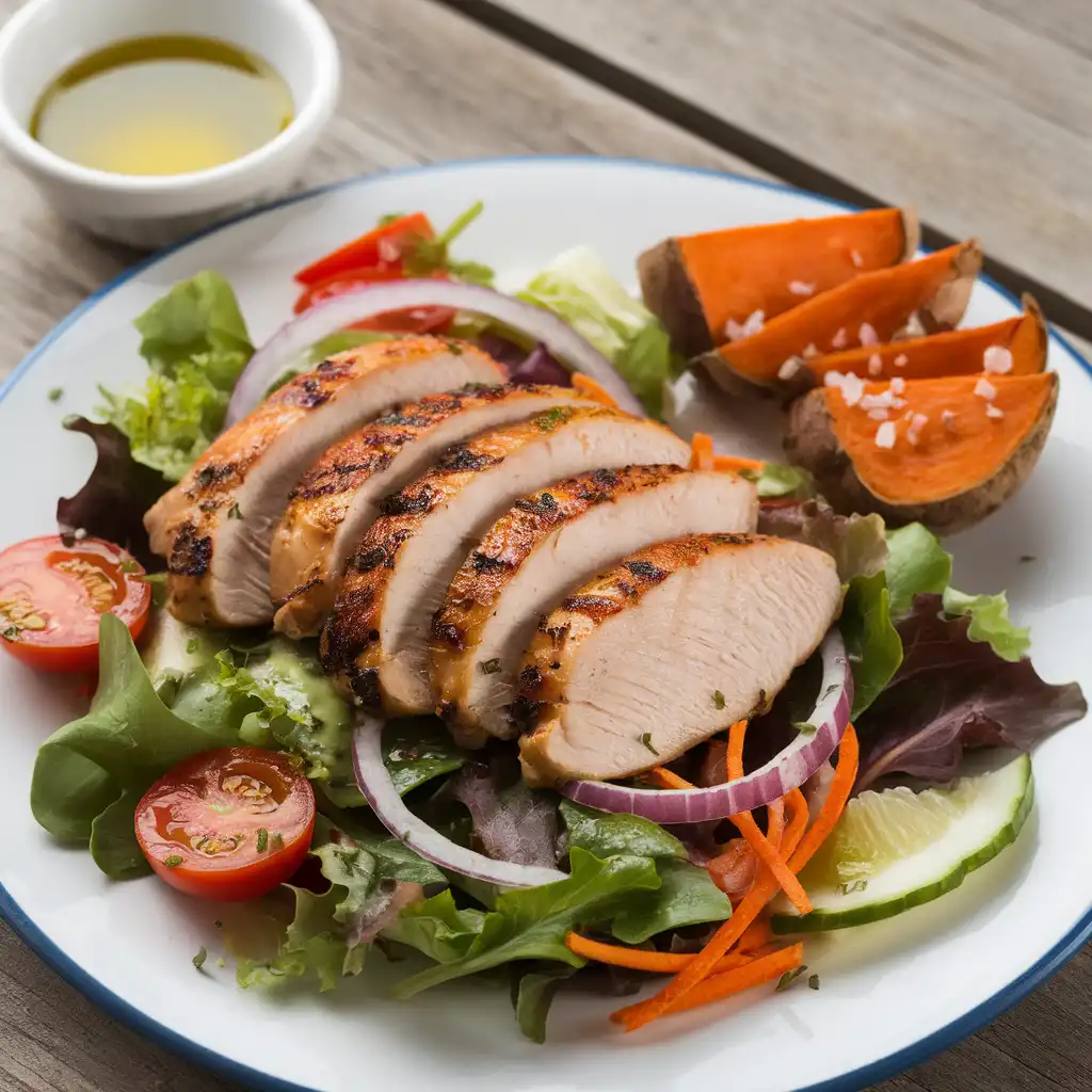 Grilled  chicken salad with olive oil dressing for paleo lunch