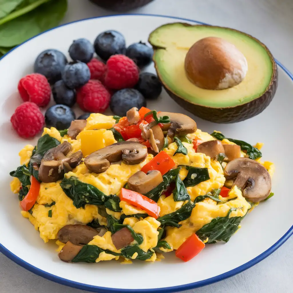 Scrambled eggs with vegetables, avocado and fresh berries for paleo breakfast