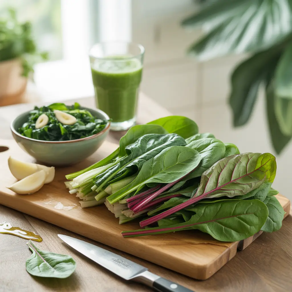 Leafy greens on wooden platter