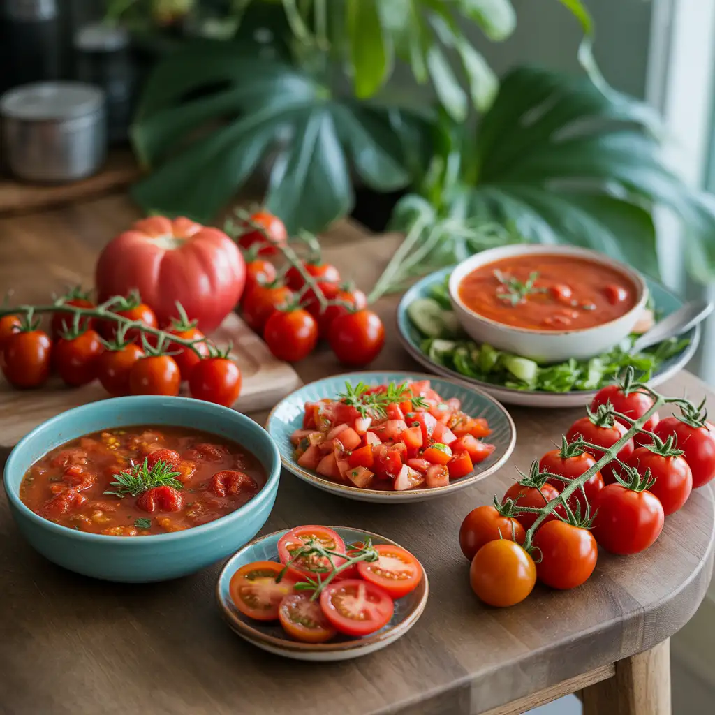 Tomatoes on wooden table, tomato salad