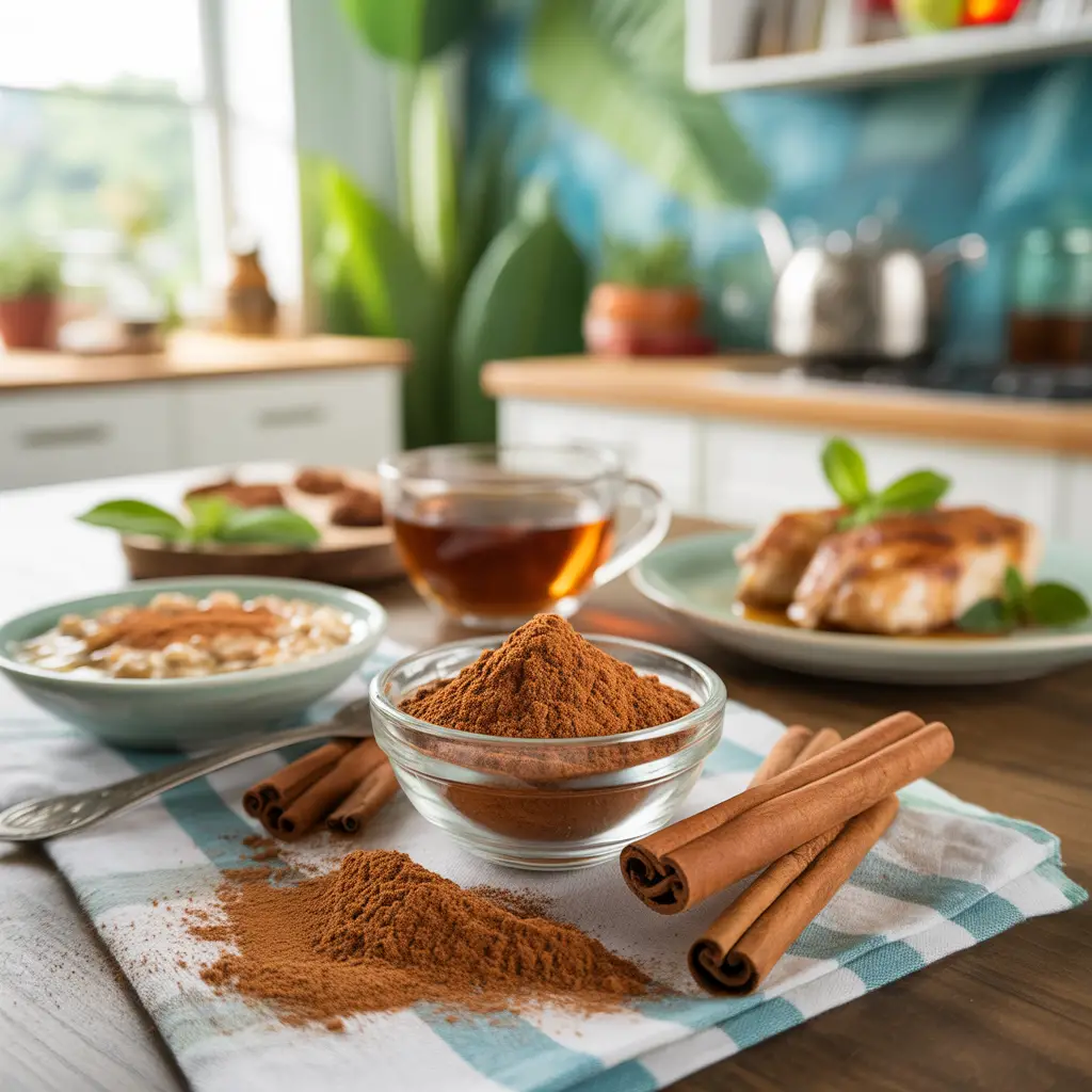 Cinnamon in bowl; with tea