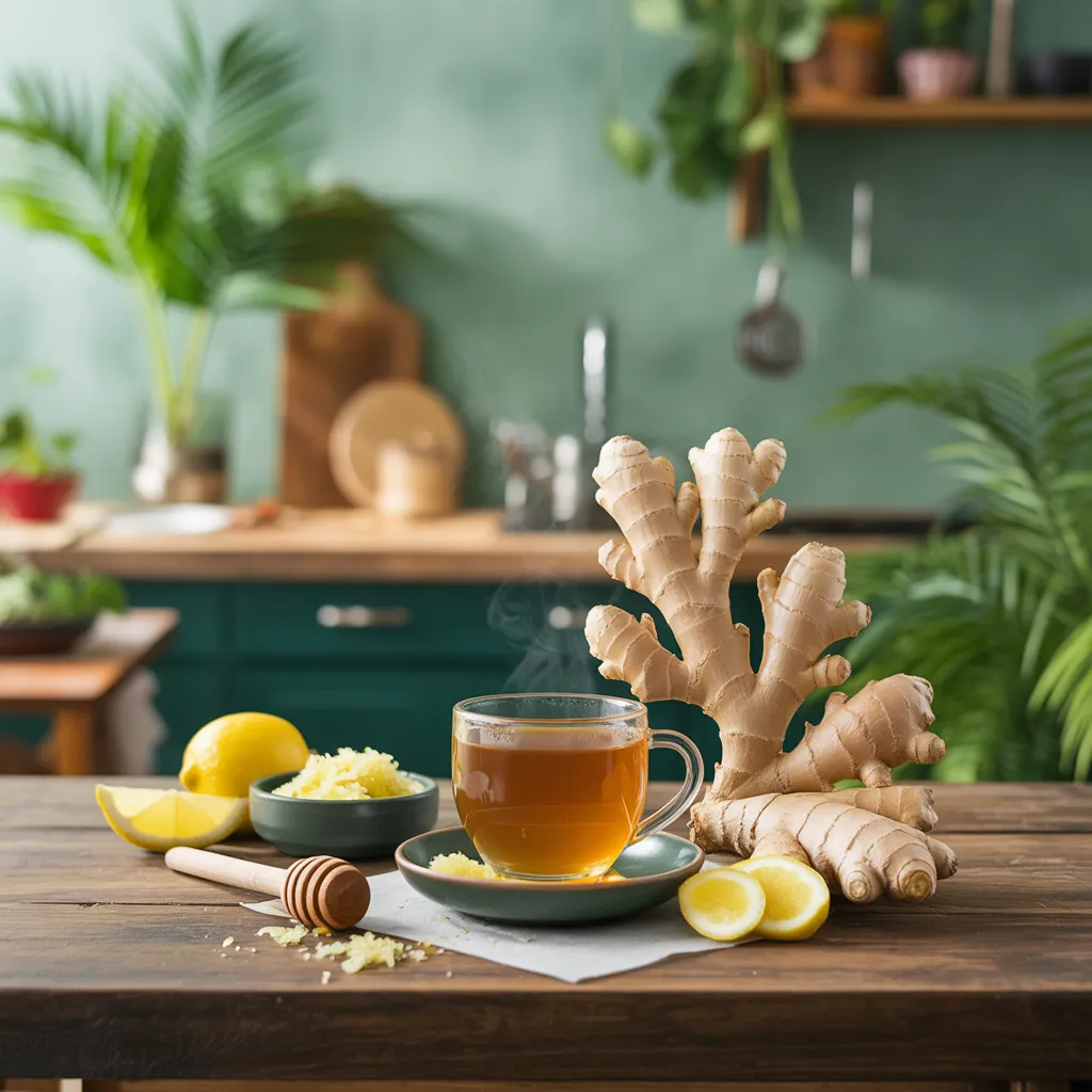 Ginger tea, with honey; ginger on table