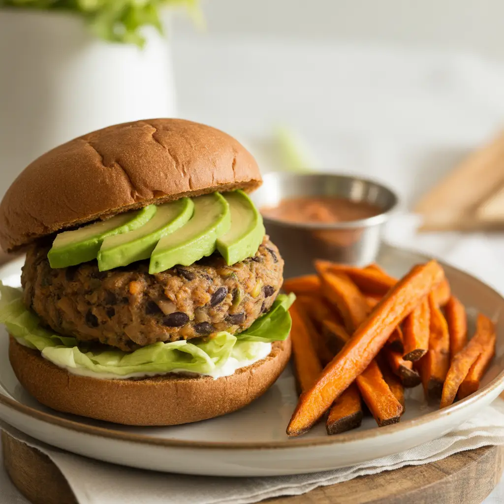 Black Bean Burgers with Avocado and Sweet Potato Fries