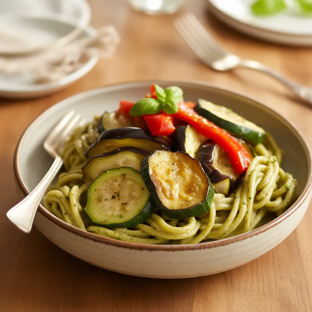 Whole Wheat Pasta with Pesto and Roasted Vegetables