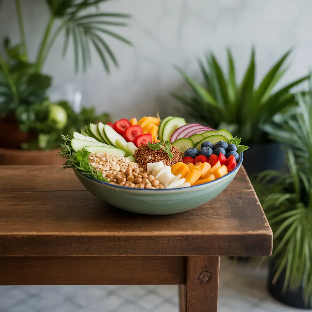 Fruits, vegetables, whole grains, and lean protein, all on a bowl