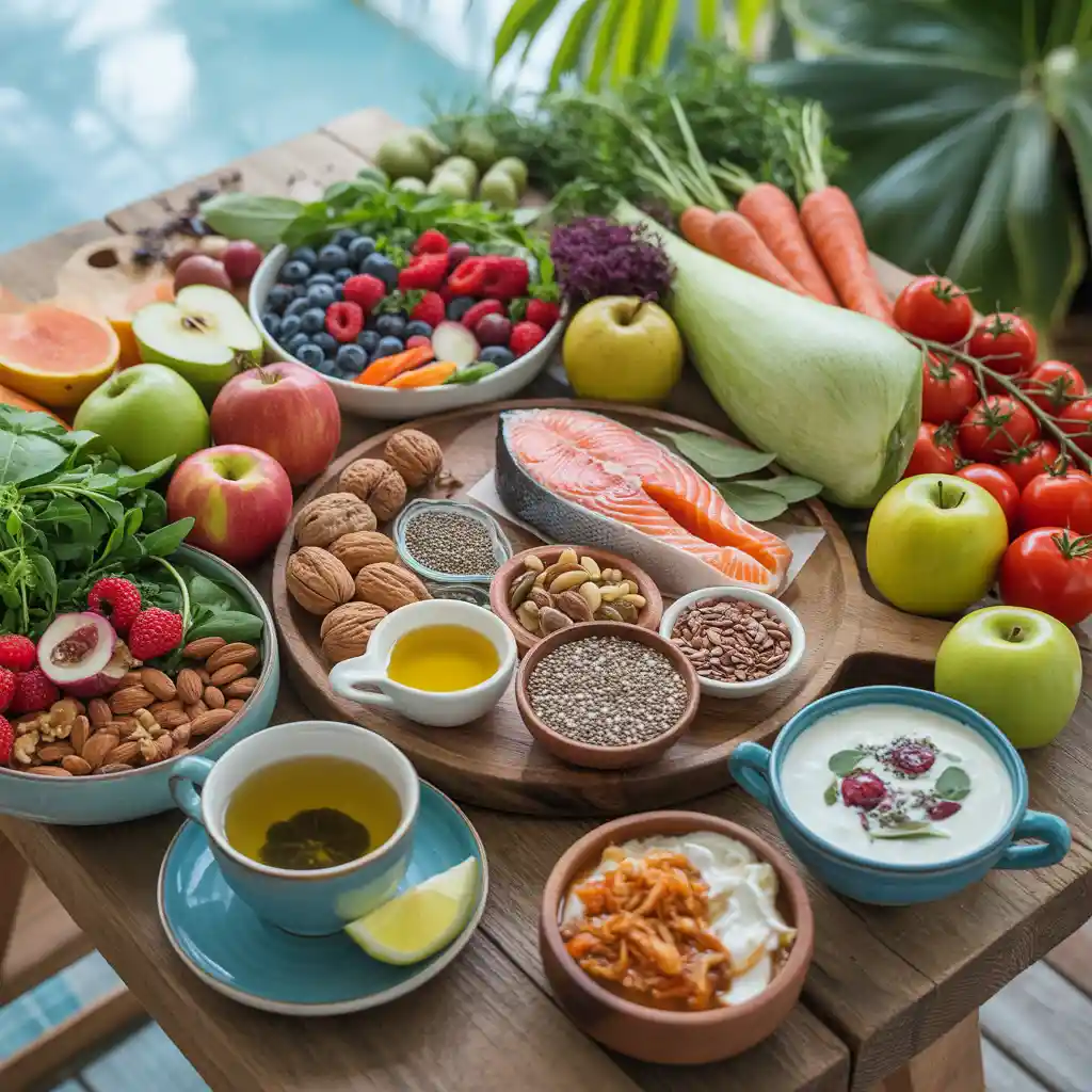 Anti-Inflammatory foods on table cluttered, with tea