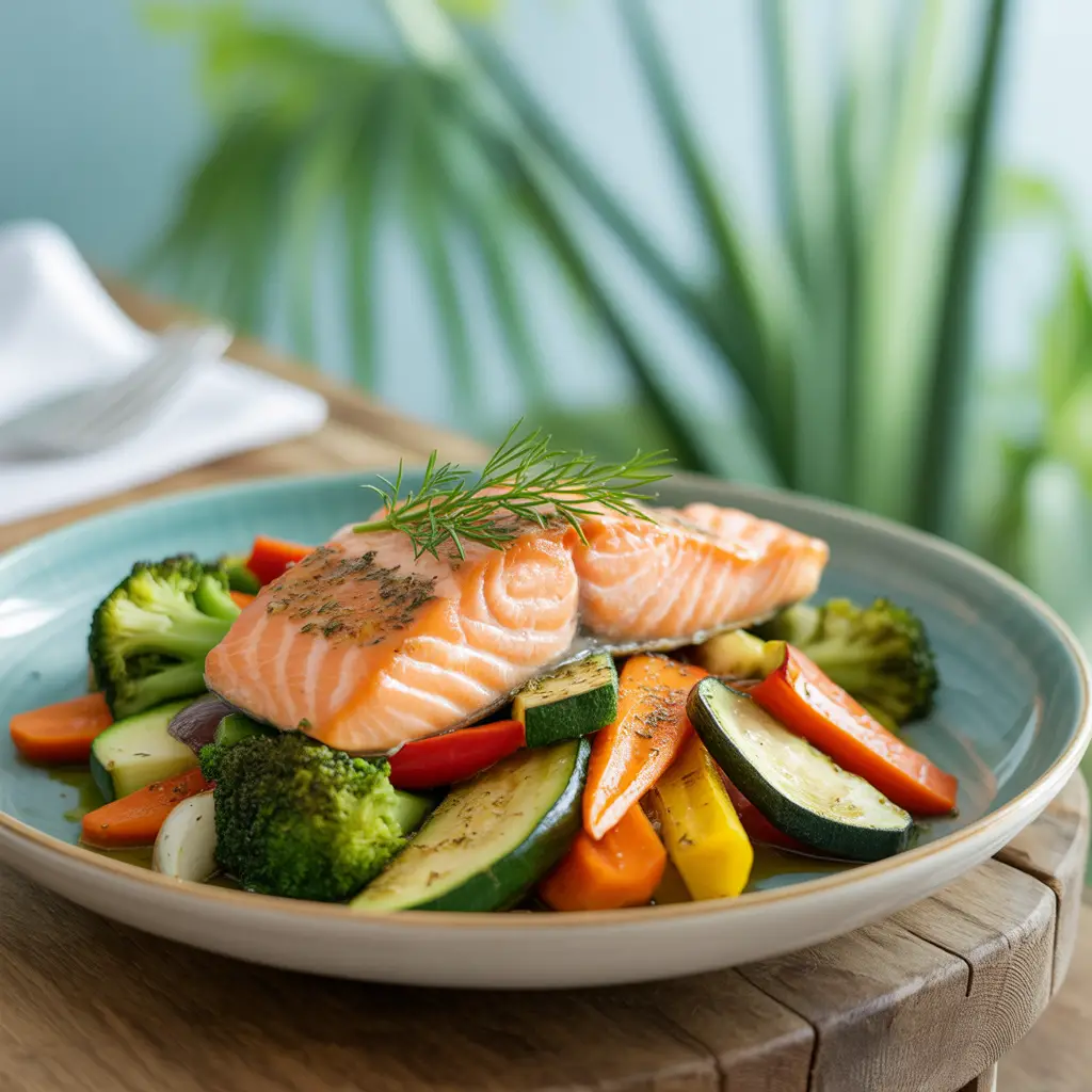 Salmon with roasted vegetables on a platter