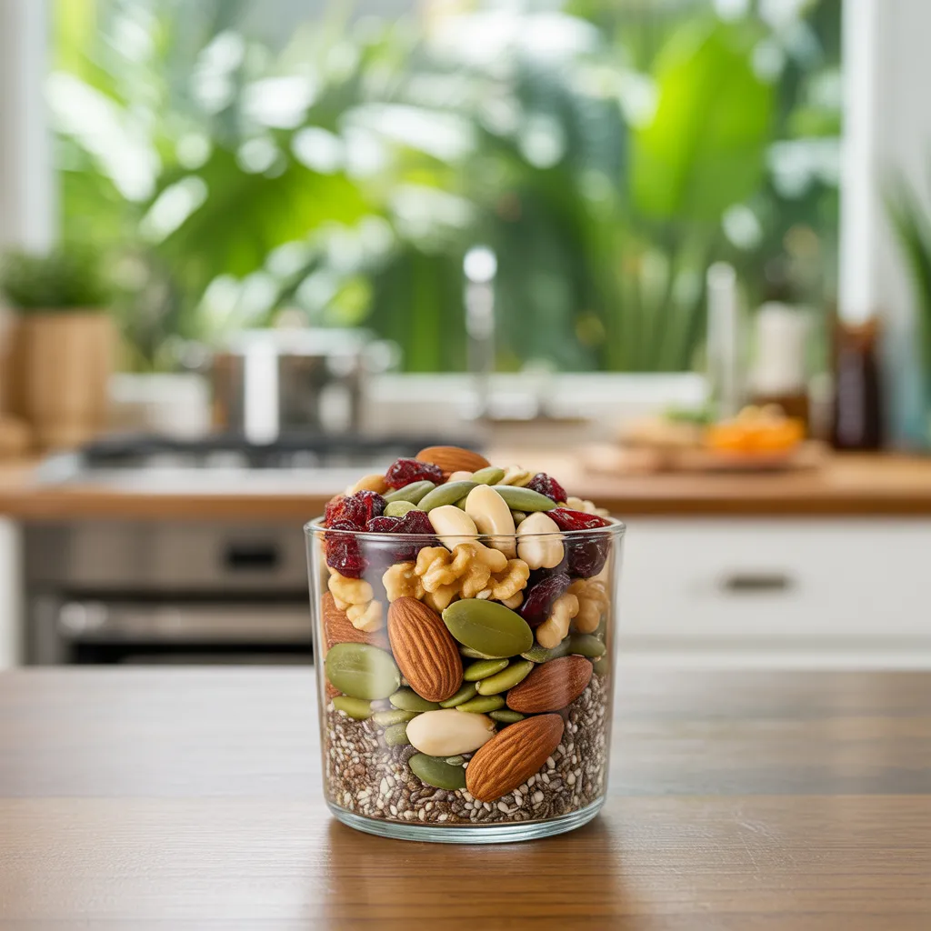 seeds and nuts trail mix in a container