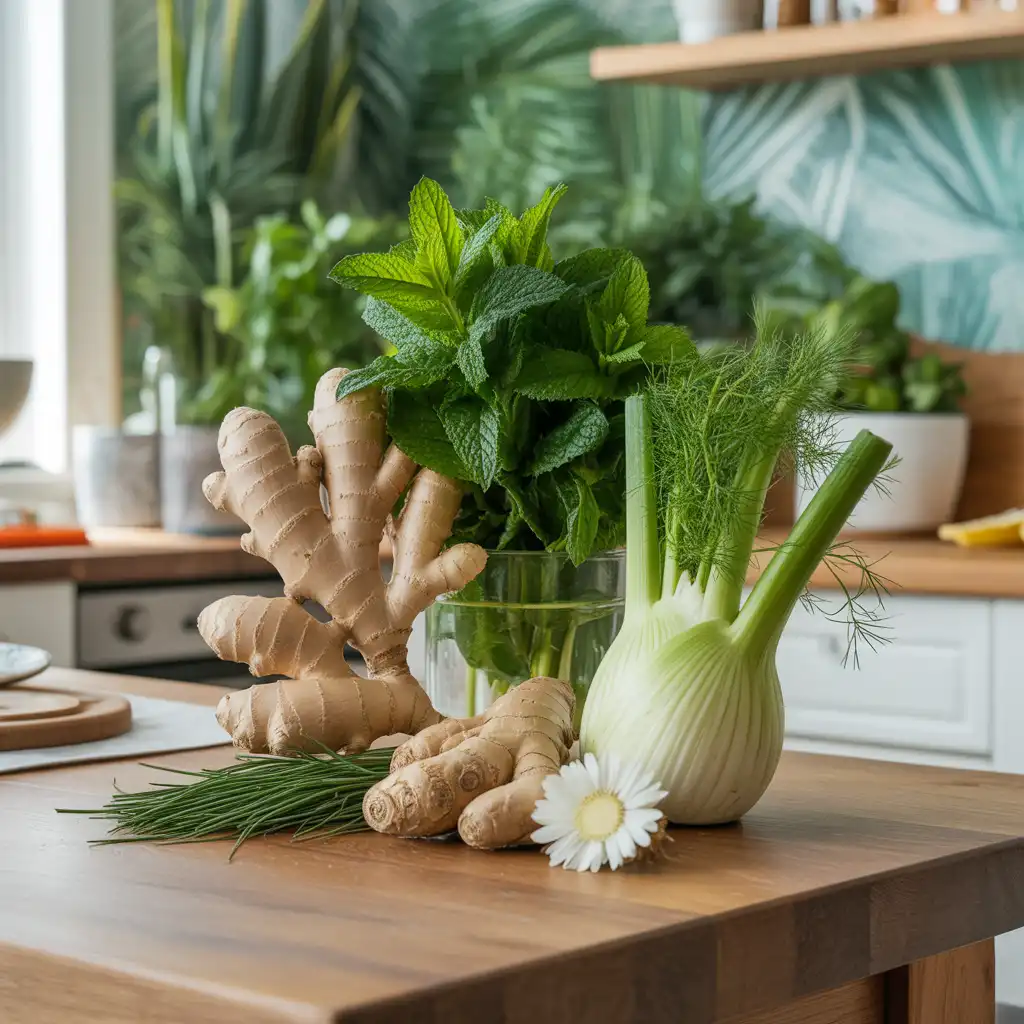 ginger, peppermint, dandelion root, and fennel all laid out on a table