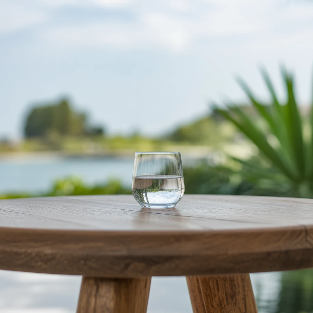 A glass cup full of water on a table