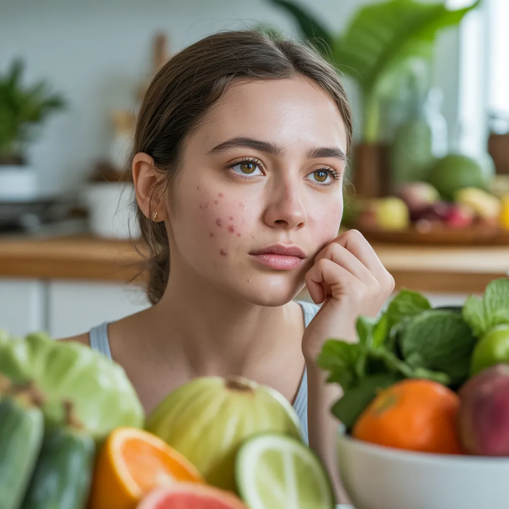 a 20+ years old girl with minor acne, relatively close shot, thinking to start a detox diet to help her acne