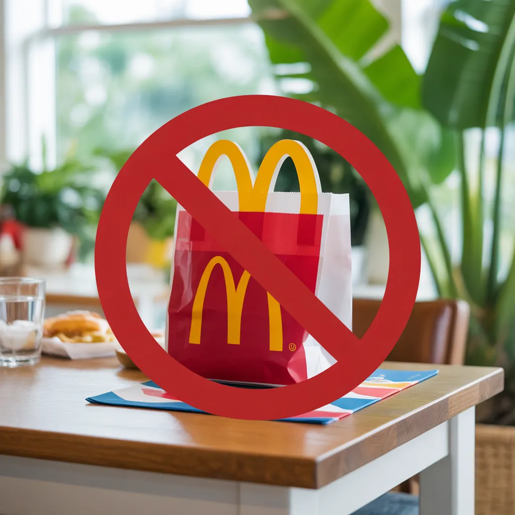 A McDonalds bag sitting on a desk, with a red circle with a line going through it overlayed on the image over the bag