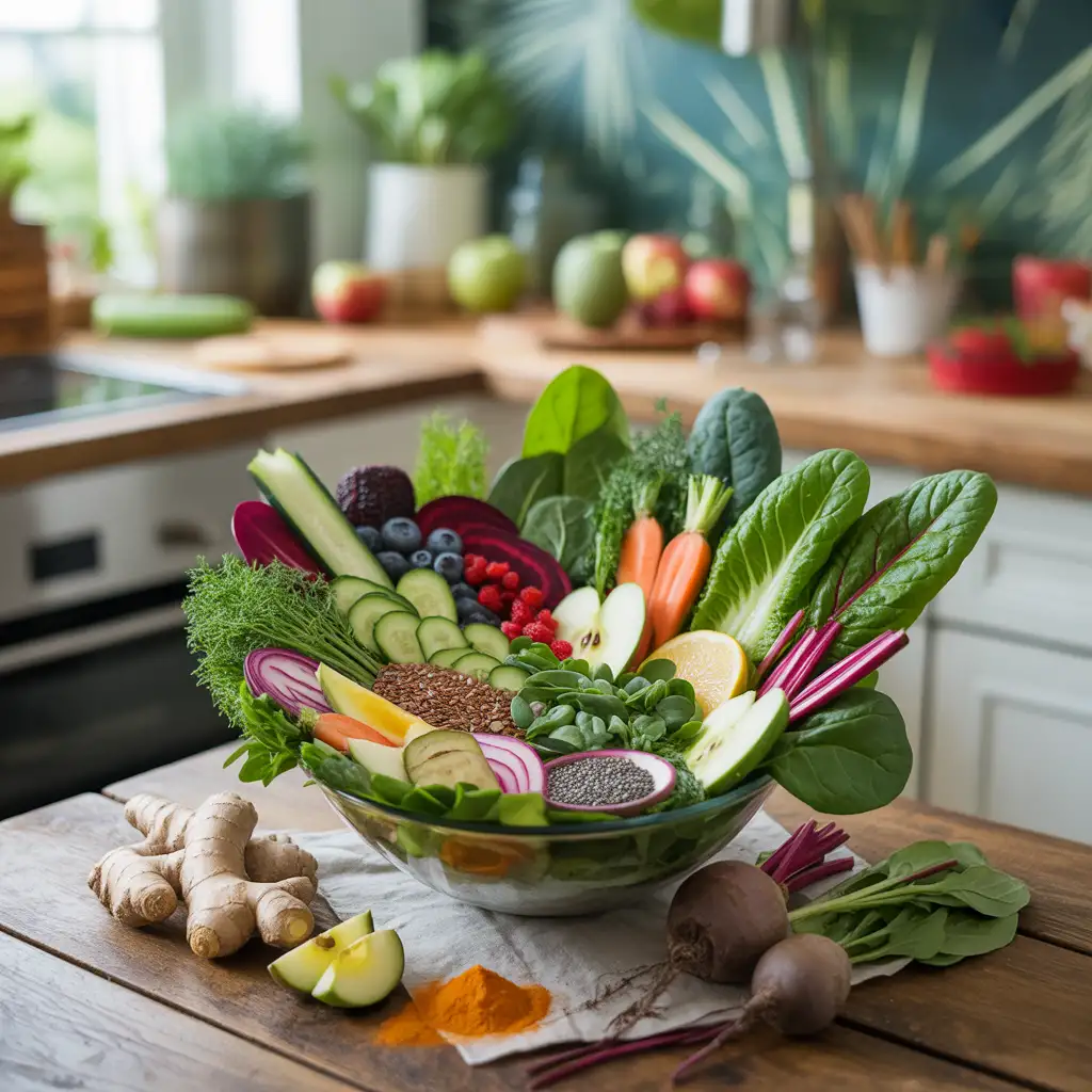 fruits and vegetables in a bowl with other food scattered around