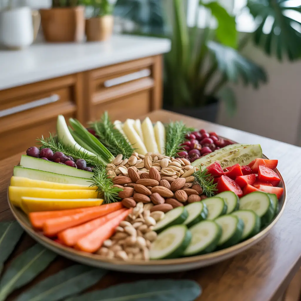 uncooked fruits, vegetables, nuts, and seeds on a plate