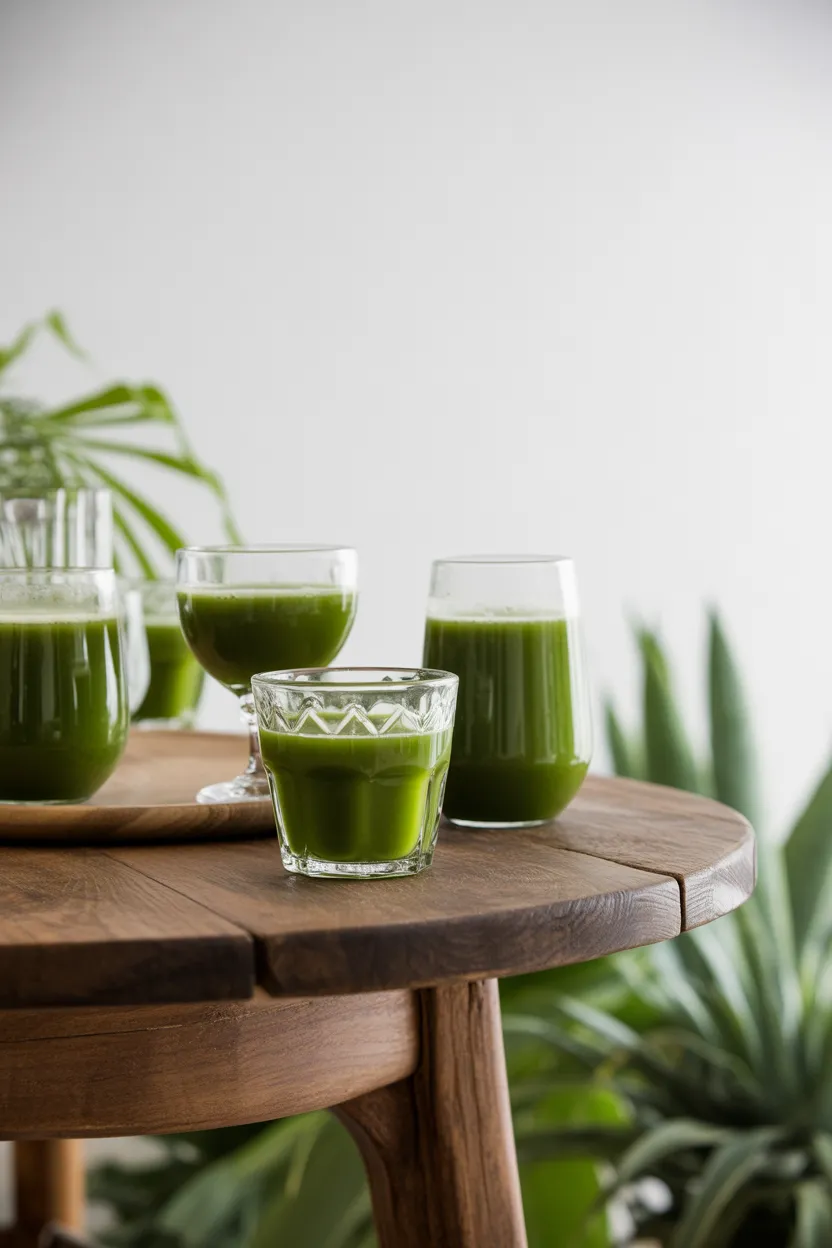 Multiple glass cups containing green juice, on a rustic wooden table
