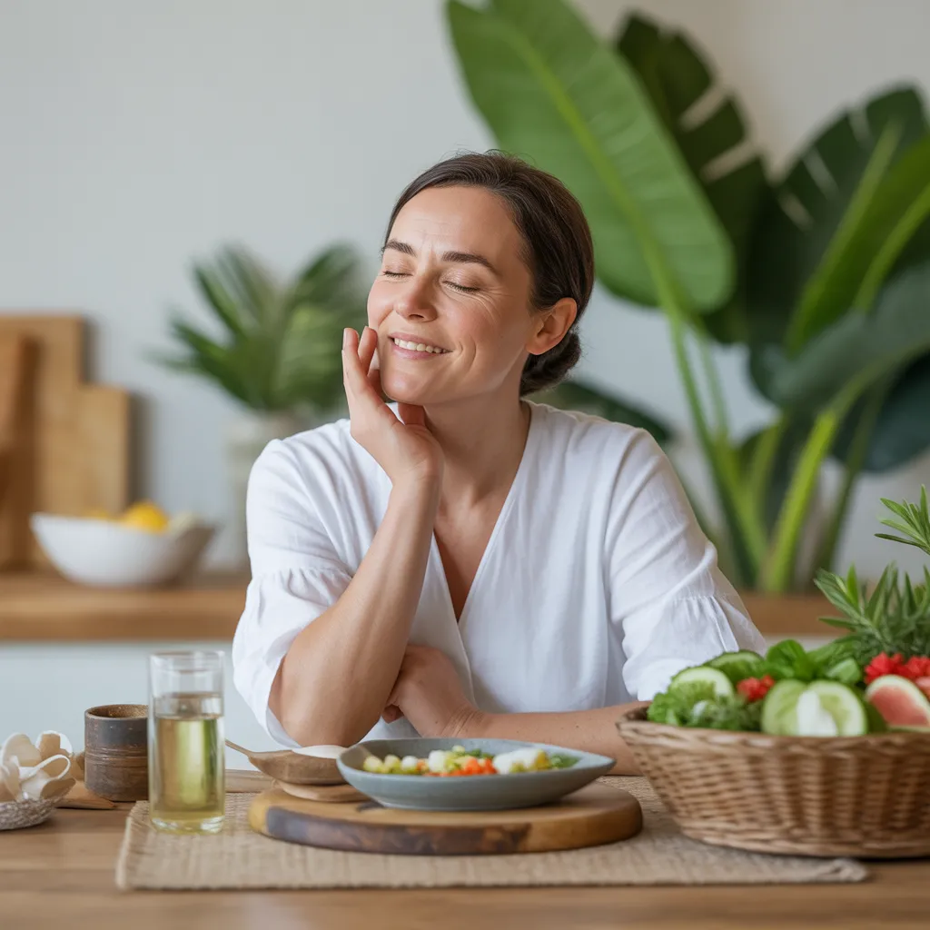 person sitting at table relaxing, in front of healthy food