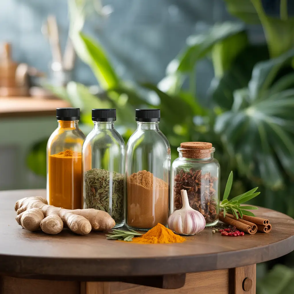 Spices and Herbs: turmeric, ginger, garlic, cinnamon