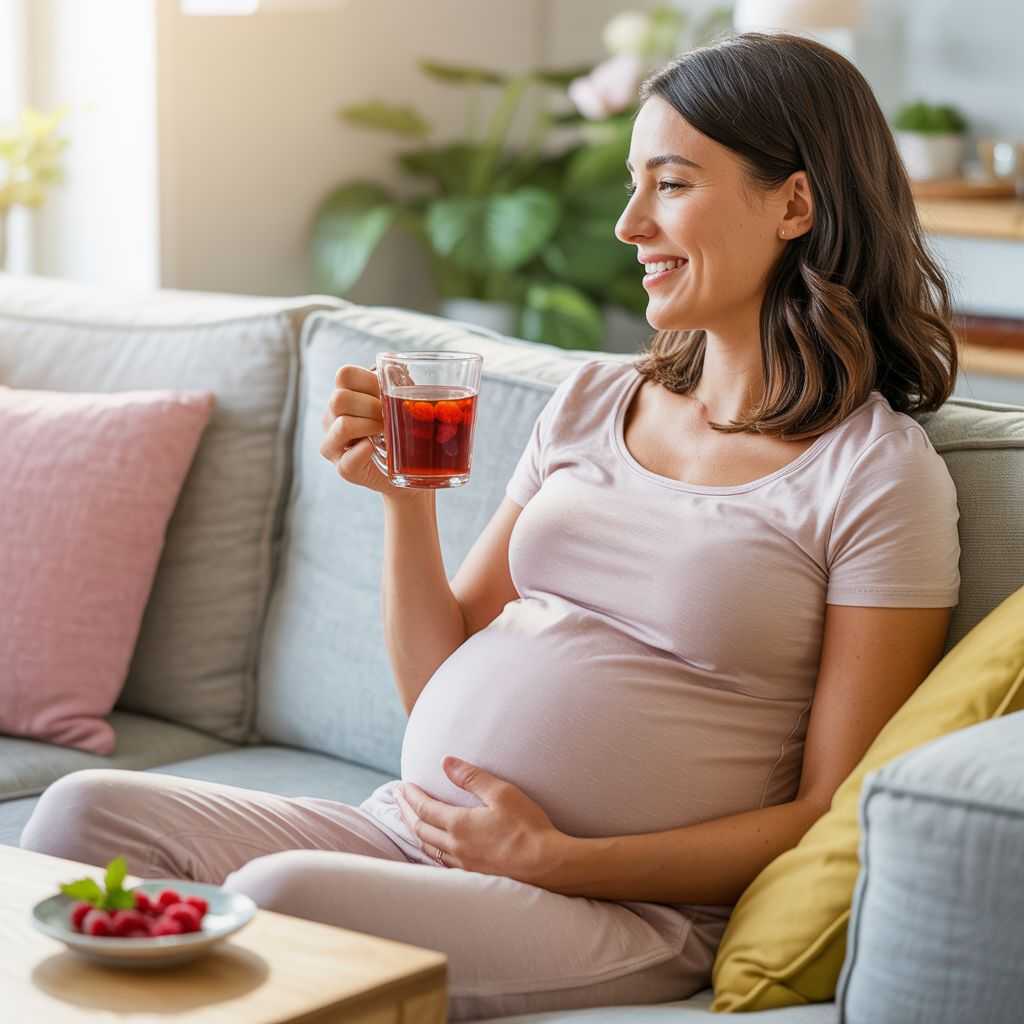 Pregnant woman enjoying raspberry leaf tea in a cozy setting