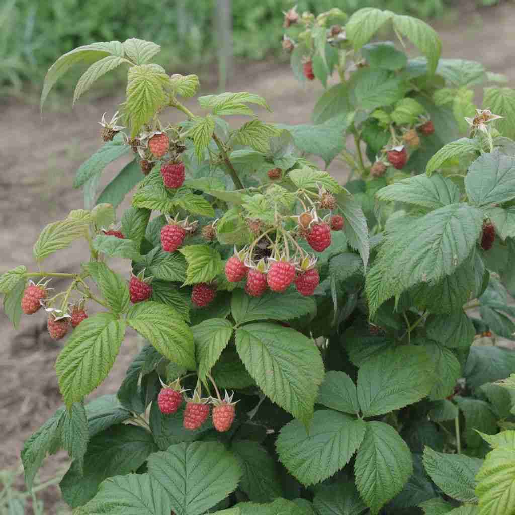 Raspberry plant with green leaves and ripe red berries