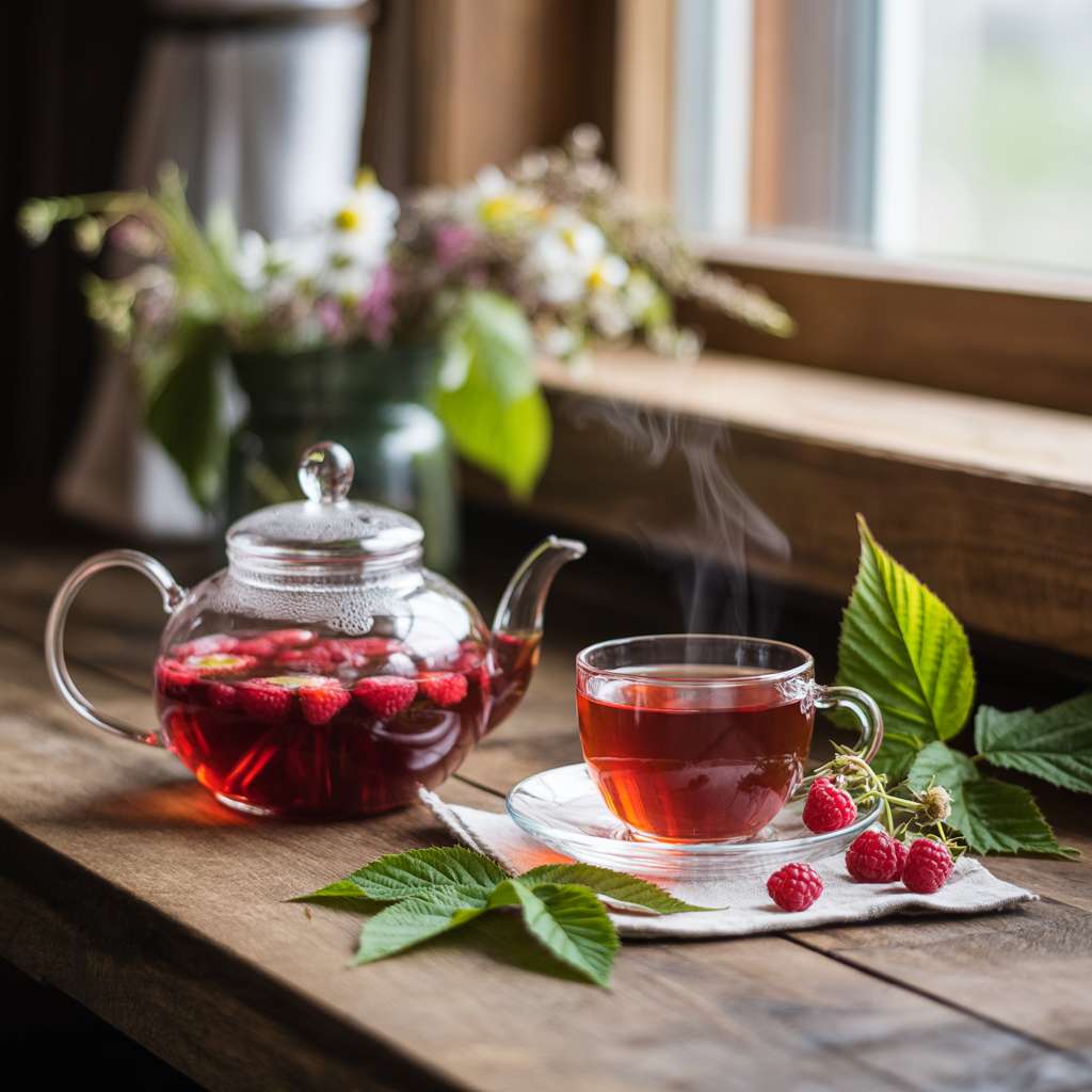 Steaming raspberry tea with fresh berries and leaves on wood table