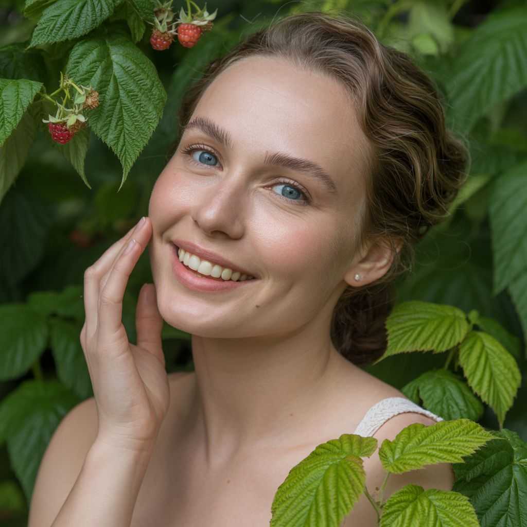 Woman with radiant skin and raspberry leaves