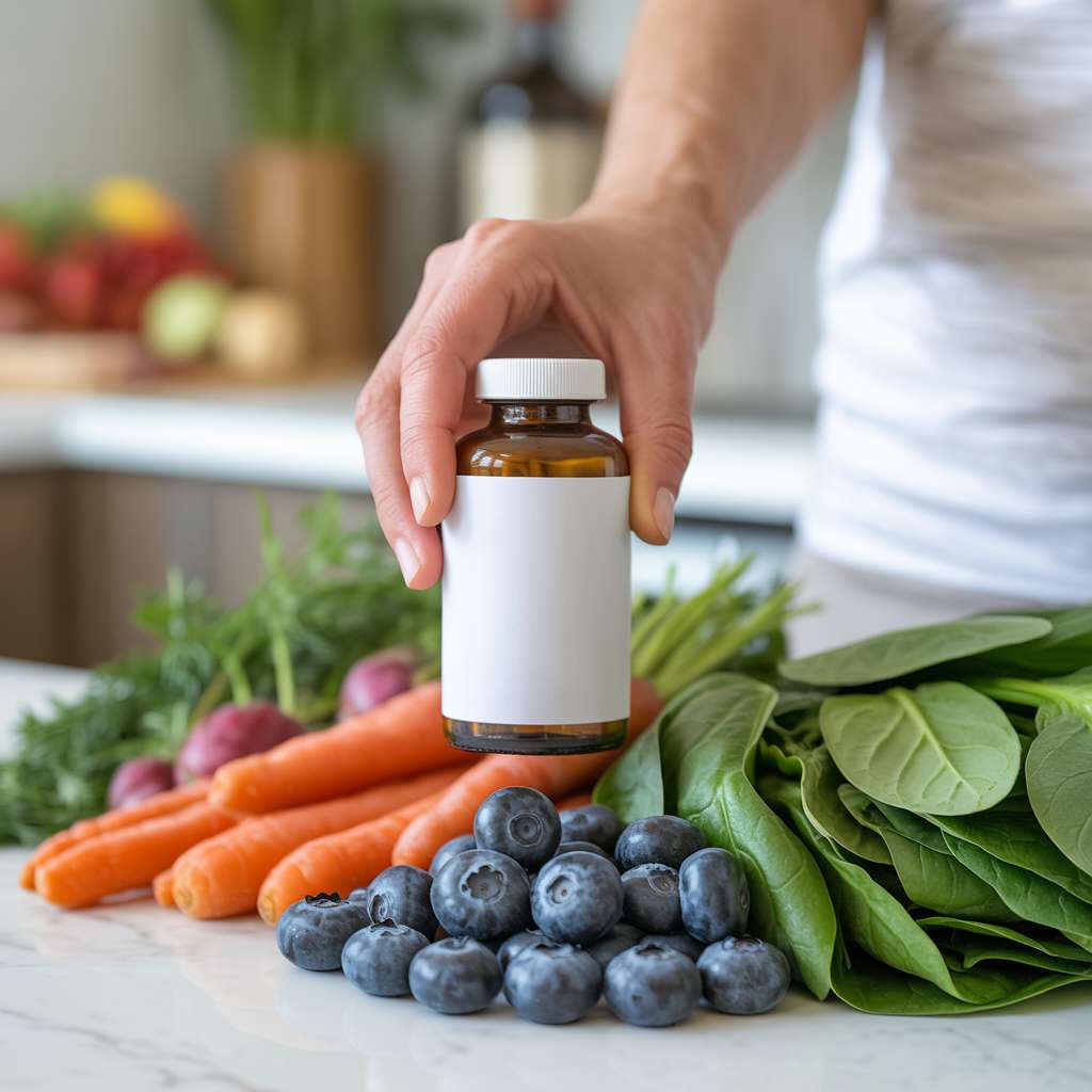 Hand holding a bottle of Garden of Life prenatal vitamins with fresh produce