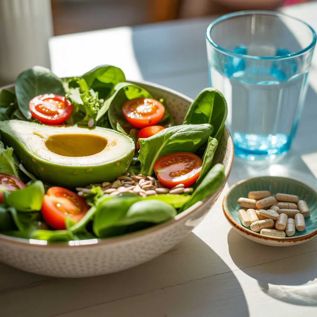 Healthy salad and prenatal vitamins on a table