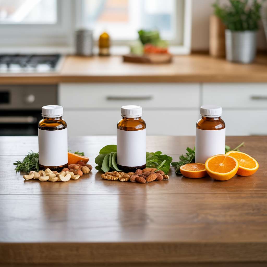 Variety of prenatal vitamin bottles with whole foods