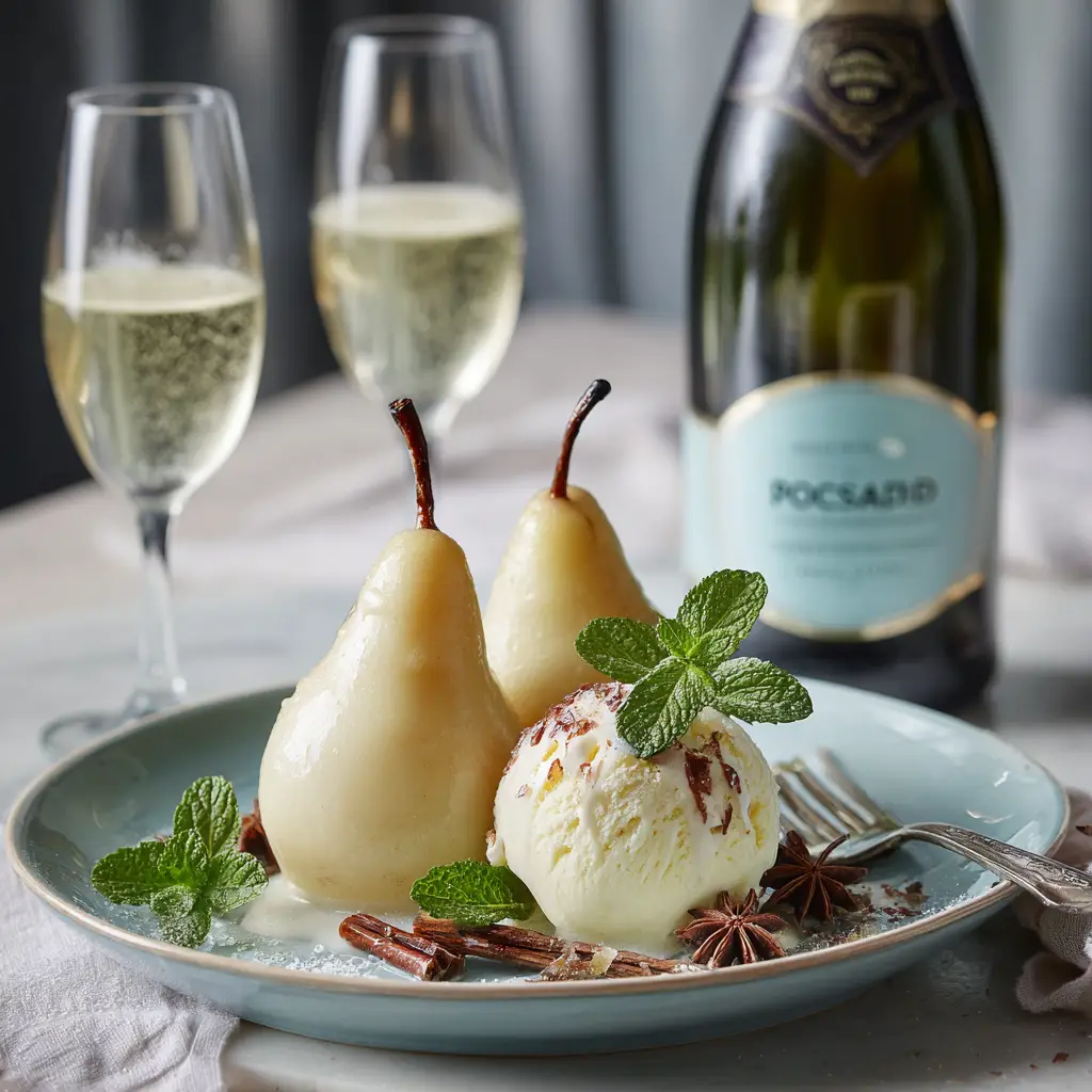 Poached Pears with Vanilla Ice Cream